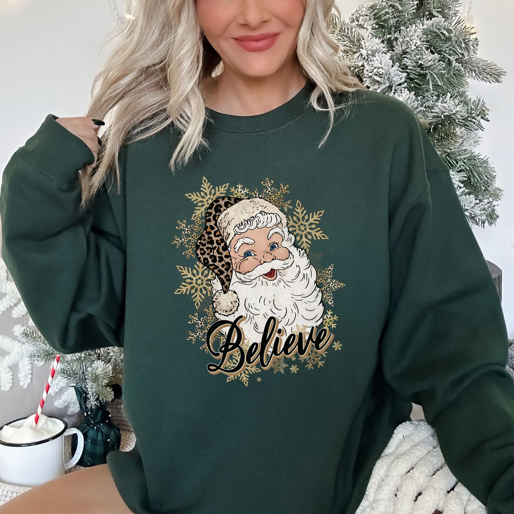 Retro Santa, Believe, Christmas, Leopard Print Sweatshirt sold by Refinery Number One product image thumbnail 2