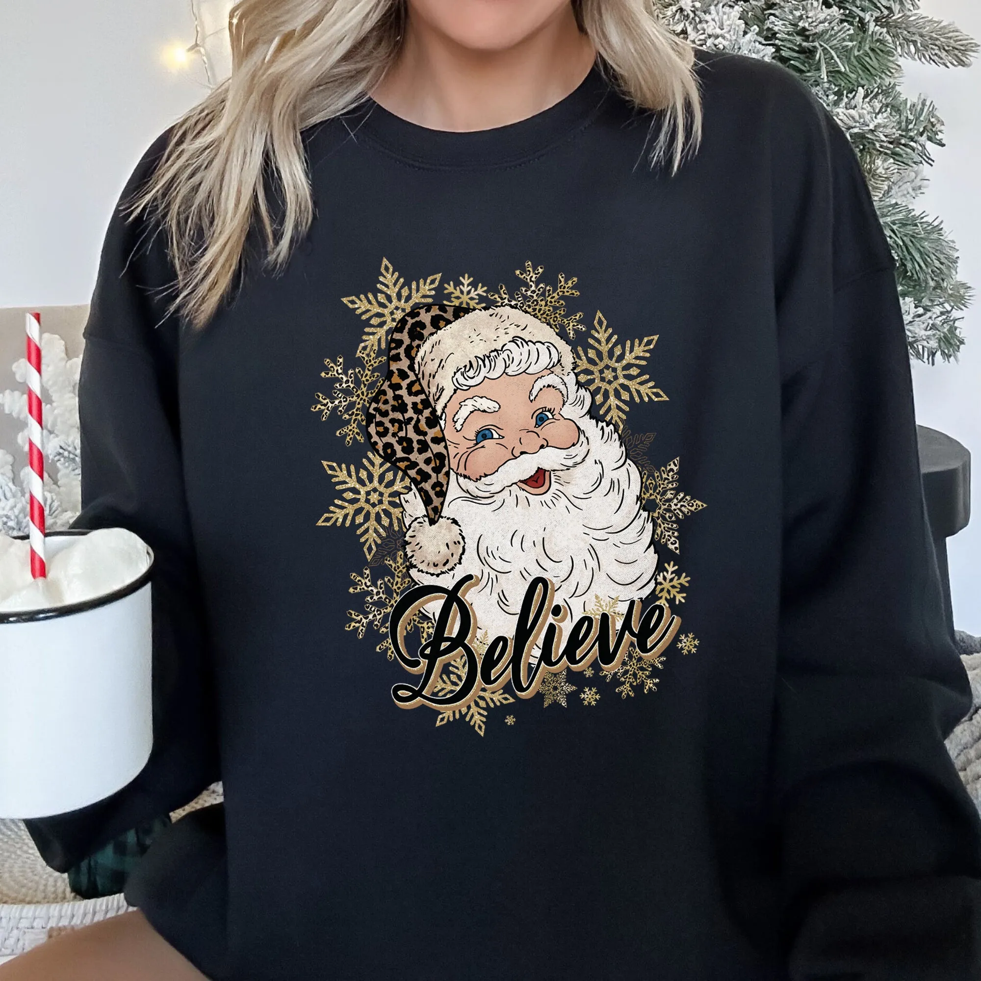 Retro Santa, Believe, Christmas, Leopard Print Sweatshirt sold by Refinery Number One