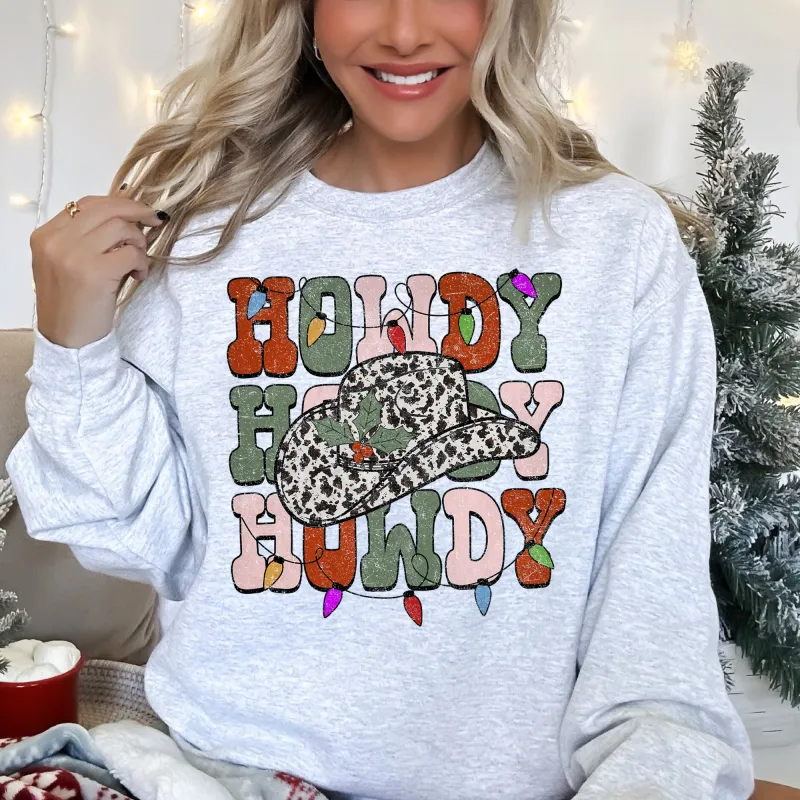 Howdy Christmas, Leopard Print Cowboy Hat, Retro Text Sweatshirt sold by Refinery Number One