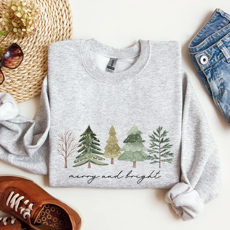 Merry And Bright, Watercolor Trees, Christmas Sweatshirt sold by Refinery Number One