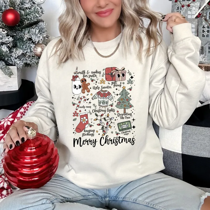 Merry Christmas Doodles, Cute, Santa, Stockings, Tree, Retro Sweatshirt sold by Refinery Number One