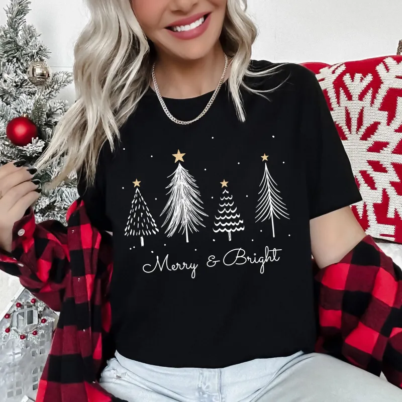 White Merry and Bright Christmas Trees, Gold Star Super Soft Tshirt sold by Refinery Number One