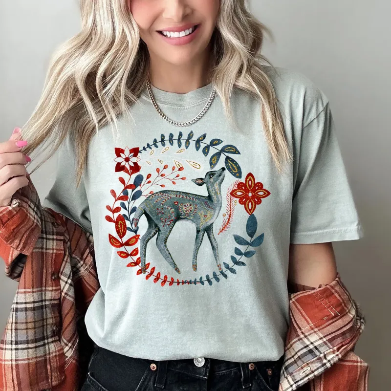 Deer, Folk Art, Scandinavian, Winter, Christmas Comfort Colors Tshirt made by Refinery Number One