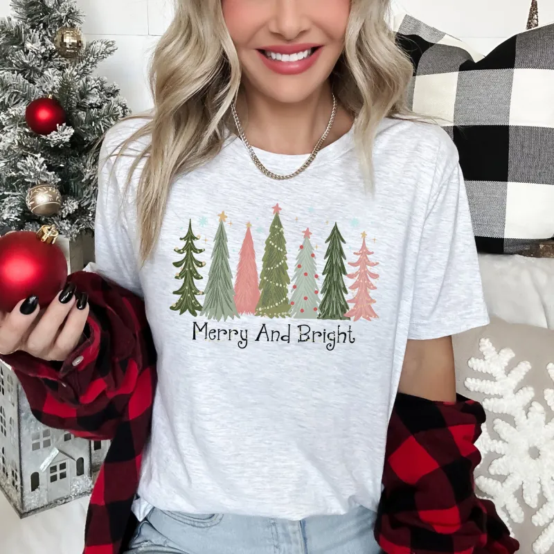 Merry and Bright Christmas Trees, Snowflakes, Stars, Decorations, Pinks, Greens, Super Soft Tees sold by Refinery Number One