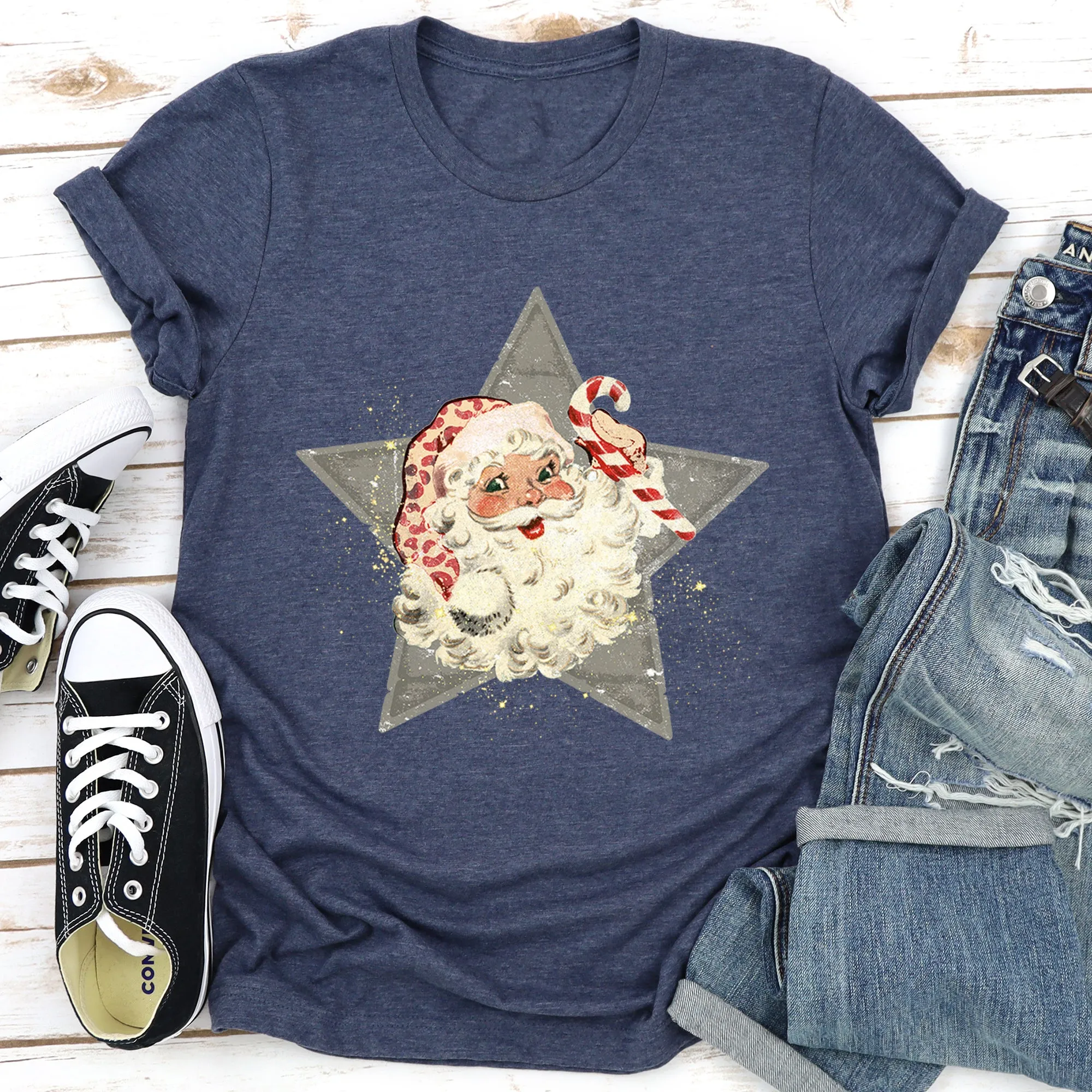 Santa, Retro, Green Star, Candy Cane, Christmas Super Soft Tshirt sold by Refinery Number One product image thumbnail 5