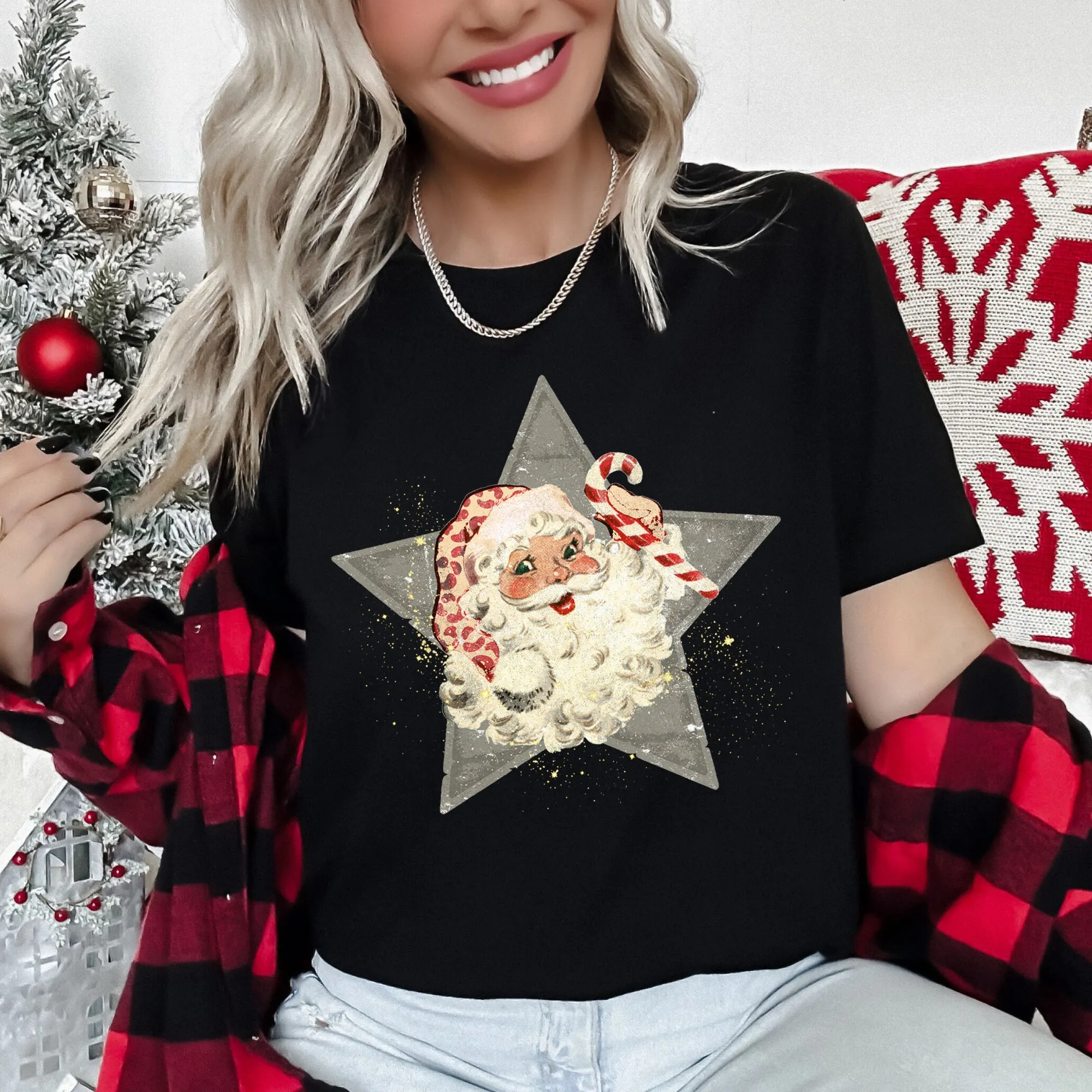 Santa, Retro, Green Star, Candy Cane, Christmas Super Soft Tshirt sold by Refinery Number One product image thumbnail 2