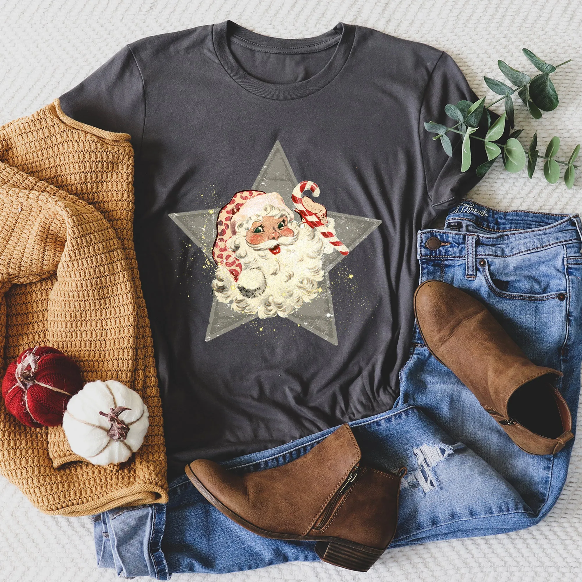 Santa, Retro, Green Star, Candy Cane, Christmas Super Soft Tshirt sold by Refinery Number One product image thumbnail 3