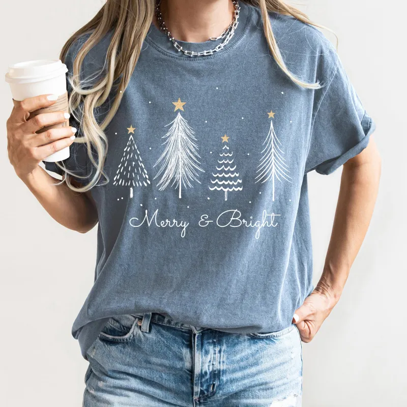 White Merry and Bright Christmas Trees, Gold Star, Comfort Colors Tshirt sold by Refinery Number One