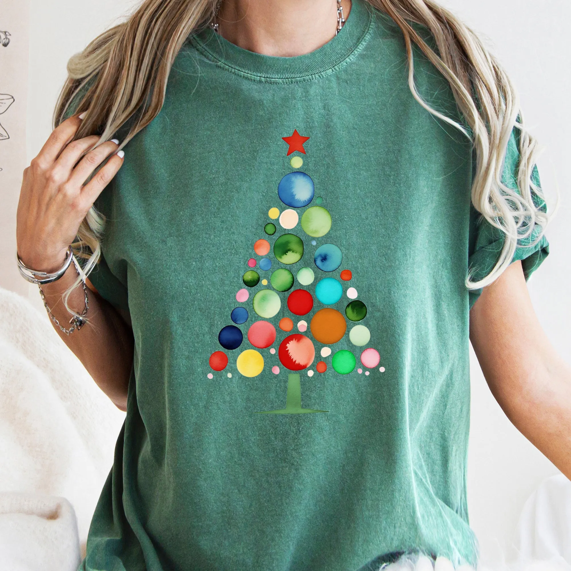 Watercolor Decorations Christmas Tree, Retro, Vintage, Comfort Colors Tee sold by Refinery Number One product image thumbnail 3
