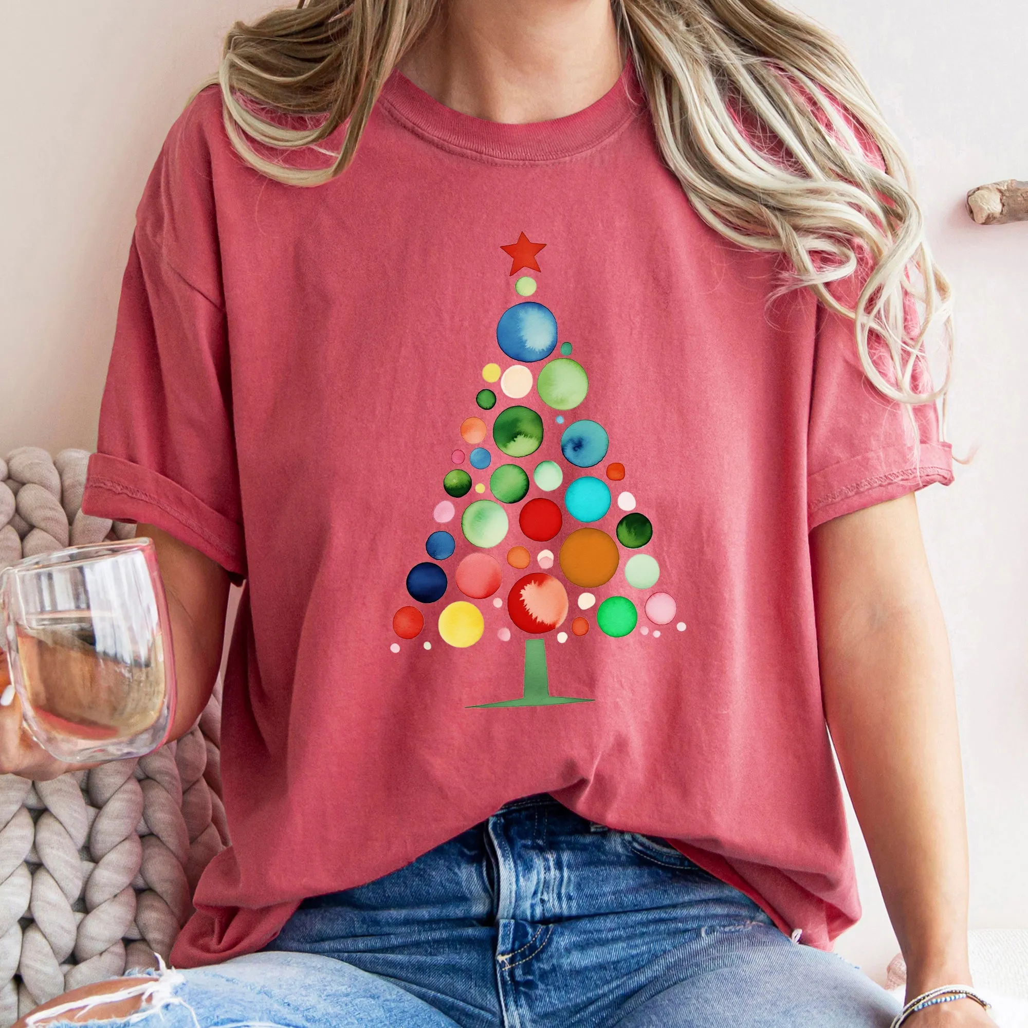 Watercolor Decorations Christmas Tree, Retro, Vintage, Comfort Colors Tee sold by Refinery Number One product image thumbnail 4