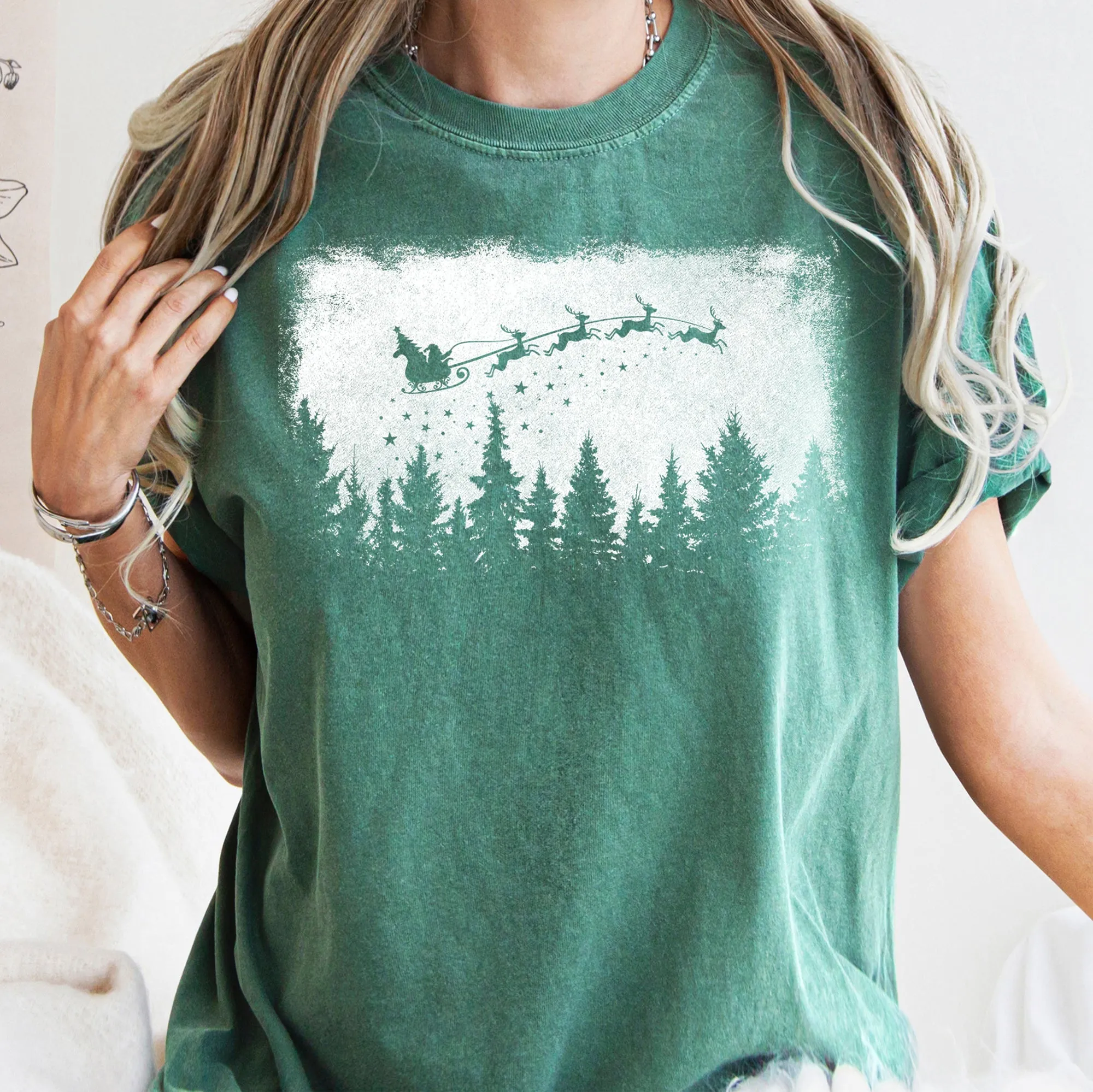 Vintage Pine Tree Christmas Silhouette, Santa, Reindeer, Sleigh, Comfort Colors Tshirt sold by Refinery Number One product image thumbnail 4