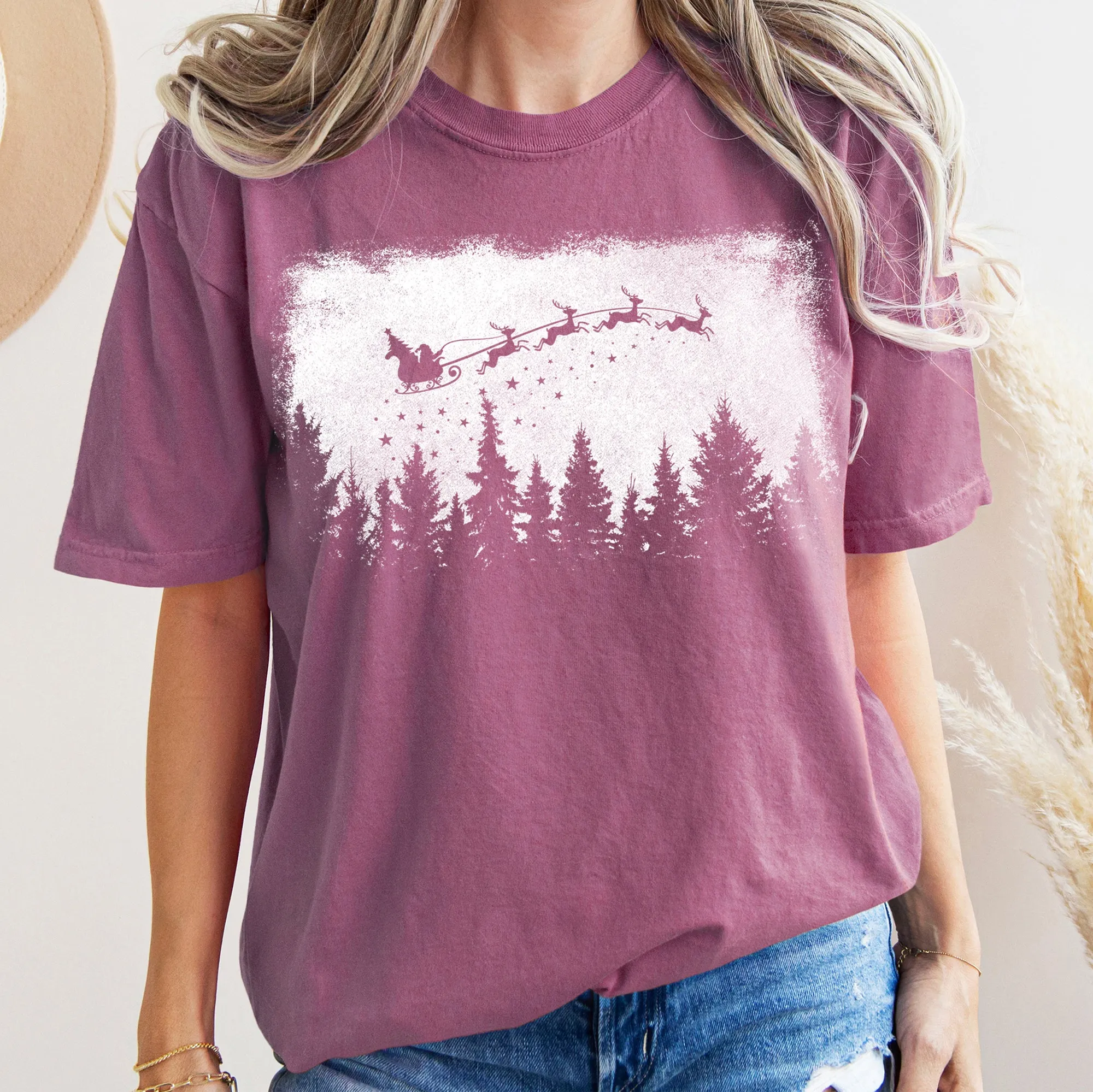 Vintage Pine Tree Christmas Silhouette, Santa, Reindeer, Sleigh, Comfort Colors Tshirt sold by Refinery Number One