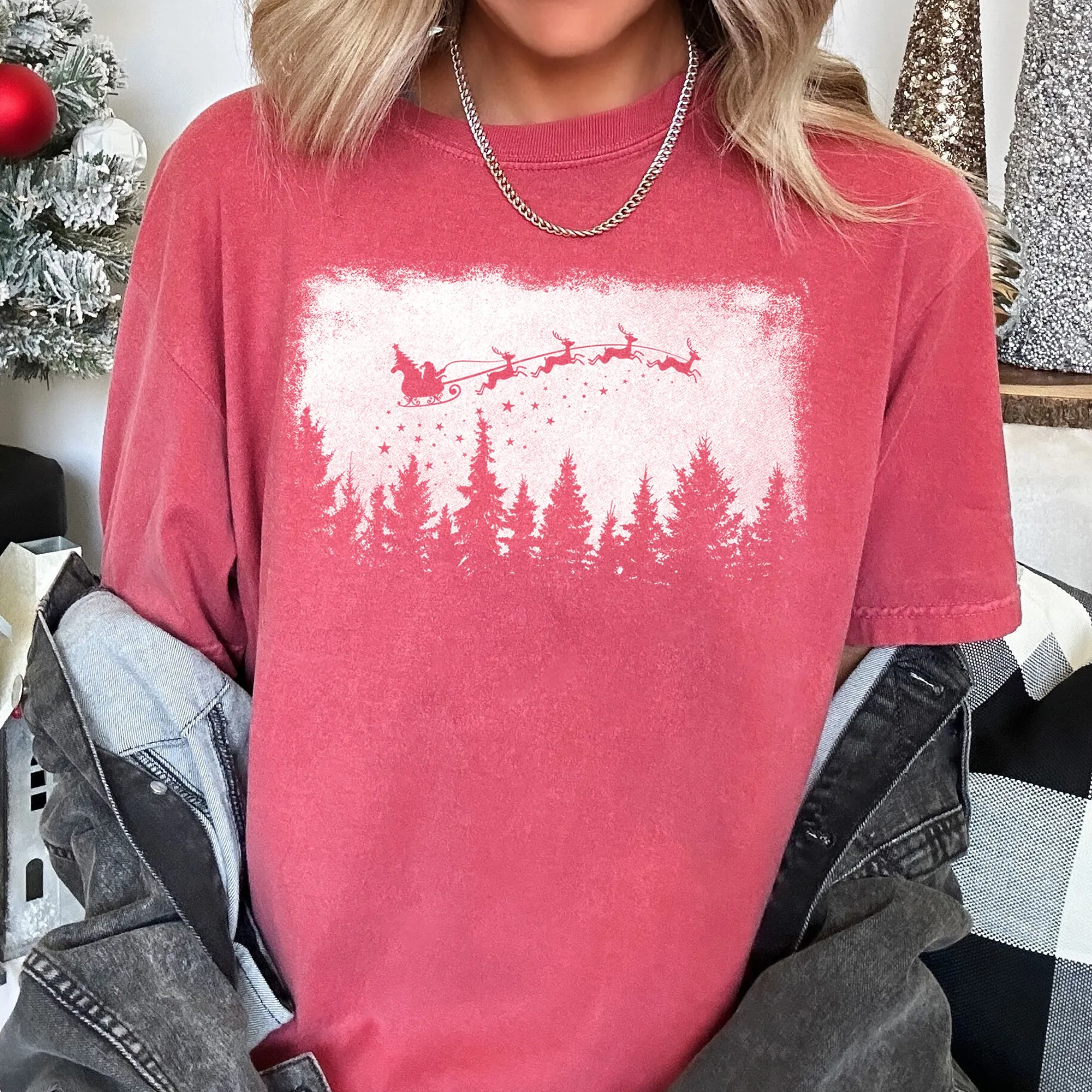 Vintage Pine Tree Christmas Silhouette, Santa, Reindeer, Sleigh, Comfort Colors Tshirt sold by Refinery Number One product image thumbnail 5