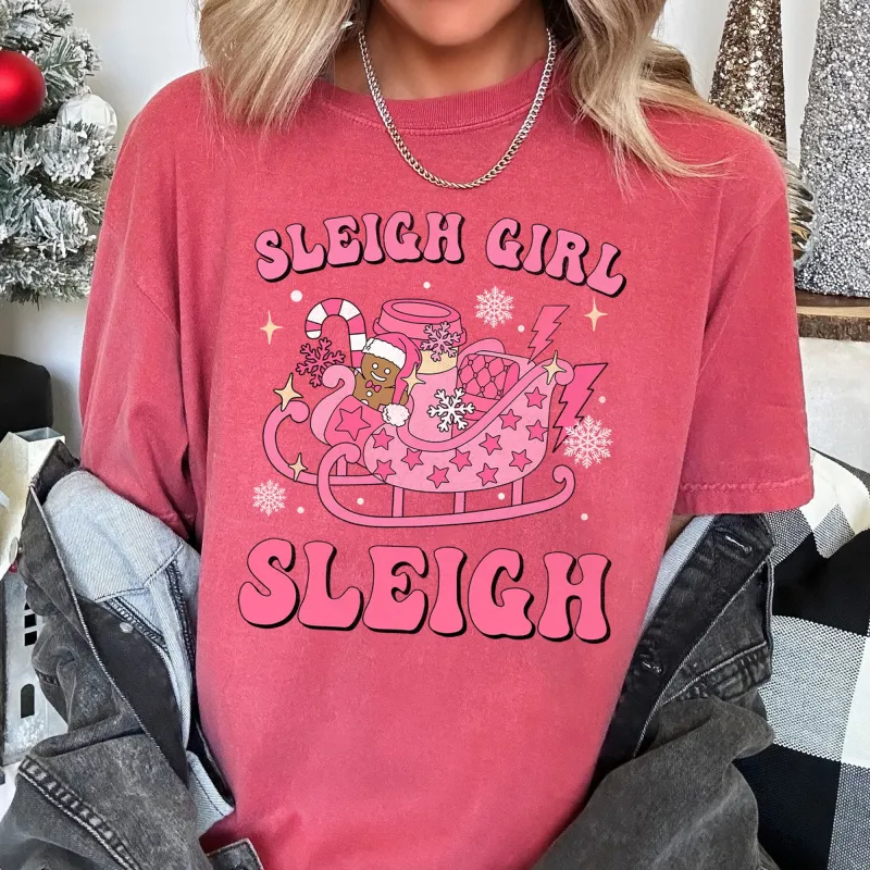 Sleigh Girl Sleigh, Christmas, Retro, Pink, Comfort Colors Tshirt sold by Refinery Number One