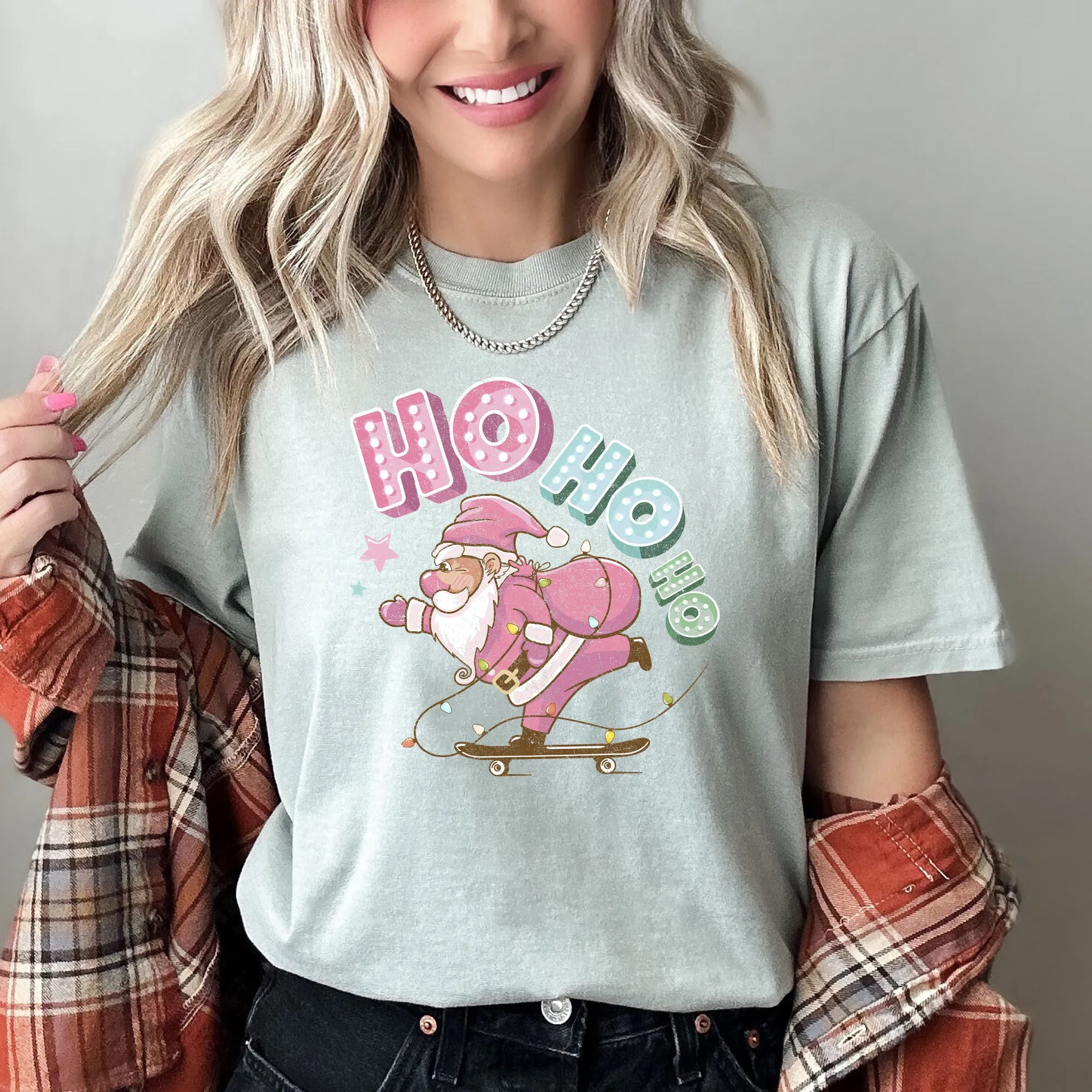 Ho Ho Ho, Pink Skateboarding Santa, Christmas, Retro, Comfort Colors, Tshirt sold by Refinery Number One