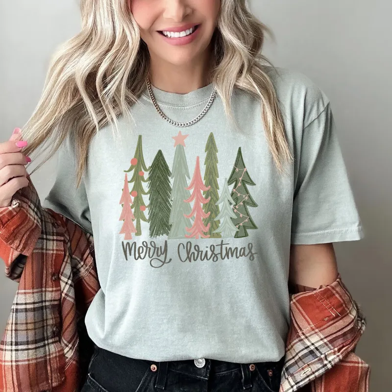 Retro Merry Christmas Trees, Pastels, Star, Comfort Colors Tshirt sold by Refinery Number One