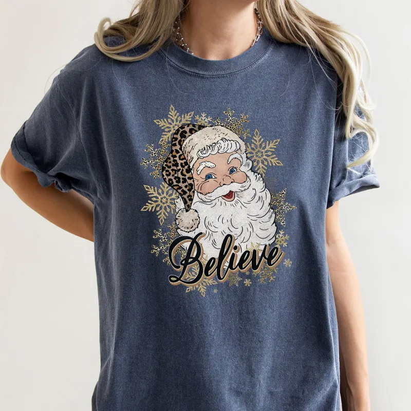 Retro Santa, Believe, Christmas, Leopard Print, Comfort Colors Tshirt sold by Refinery Number One