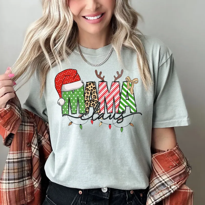Mama Claus, Santa, Plaid, Leopard Print, Christmas, Comfort Colors, Tshirt made by Refinery Number One