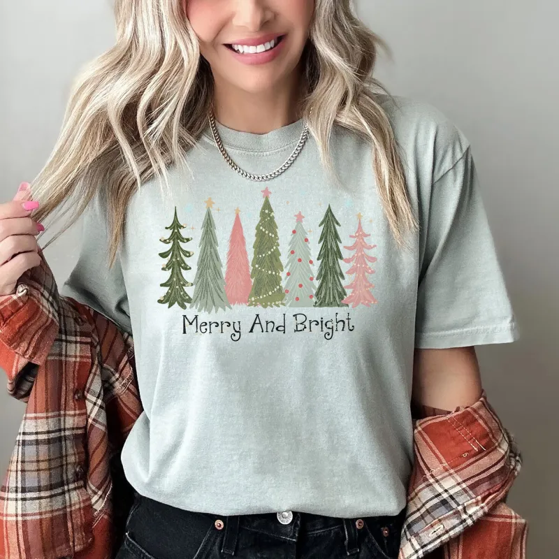 Merry and Bright Christmas Trees, Snowflakes, Stars, Decorations, Pinks, Greens, Comfort Colors, Tshirt sold by Refinery Number One