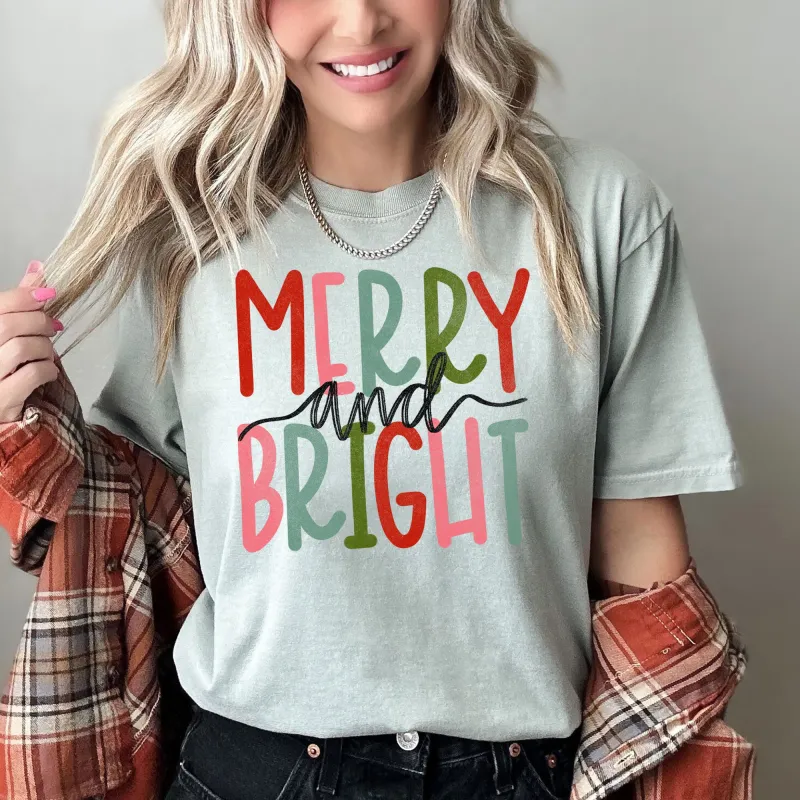 Merry And Bright Retro Text, Christmas, Comfort Colors, Tshirt sold by Refinery Number One