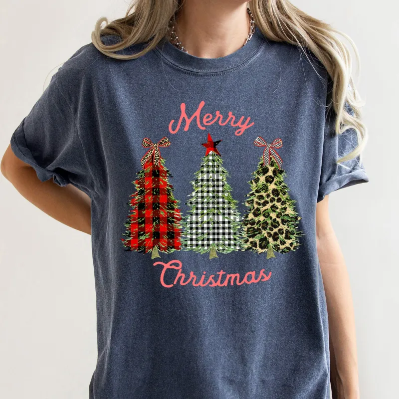 Merry Christmas, Leopard Print and Plaid Trees With Ribbons, Comfort Colors Tshirt sold by Refinery Number One