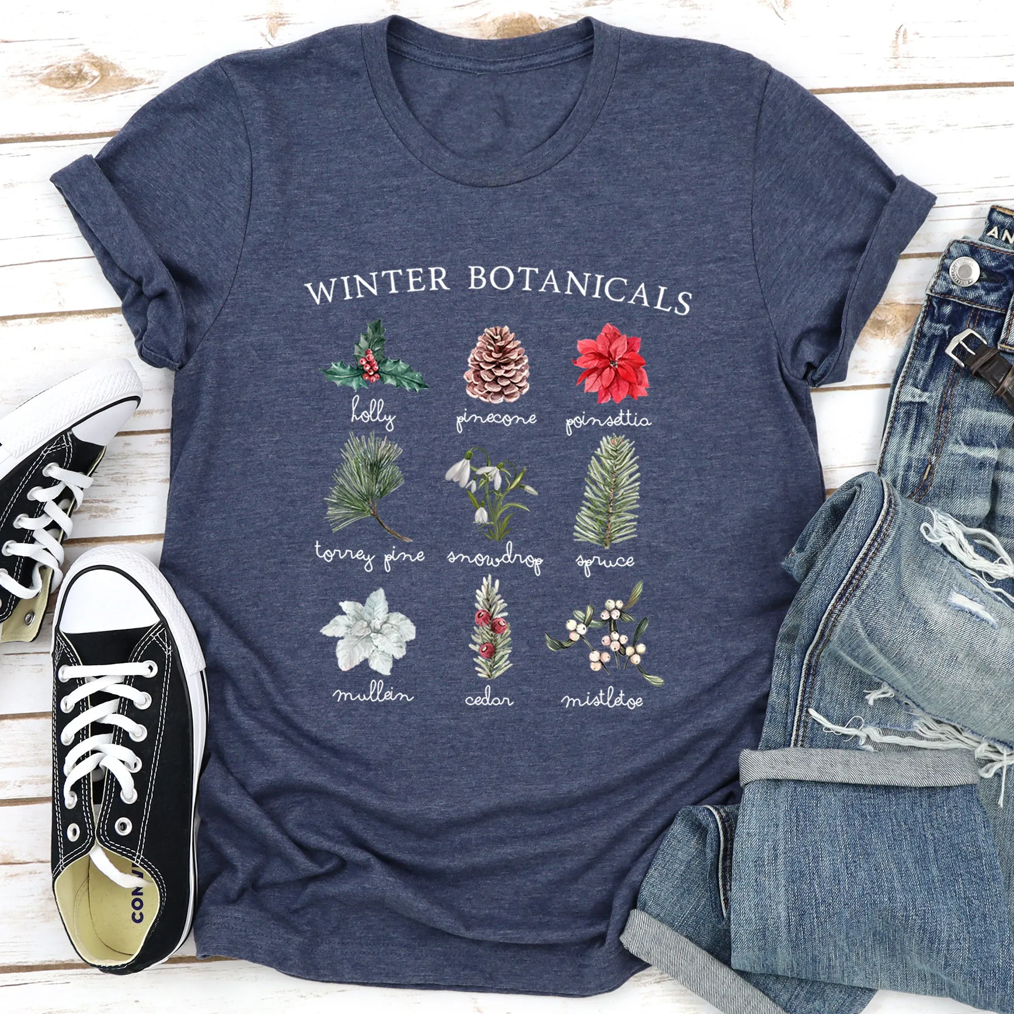 Winter Botanicals, Holly, Poinsettia, Pine Tree Super Soft Tshirt sold by Refinery Number One product image thumbnail 4