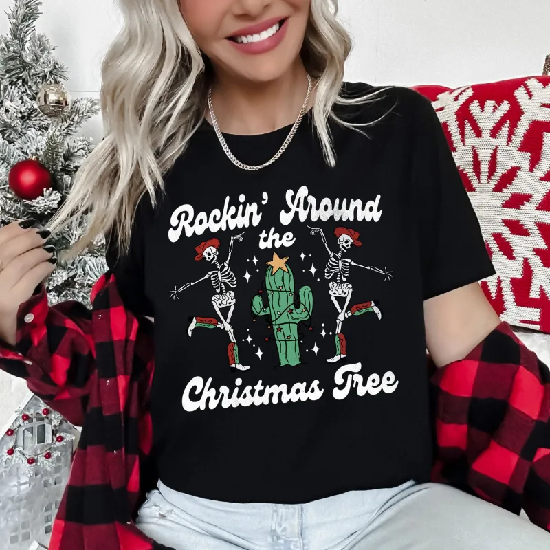 Rocking Around The Christmas Tree, Desert, Cactus, Dancing Skeletons Super Soft Tees sold by Refinery Number One