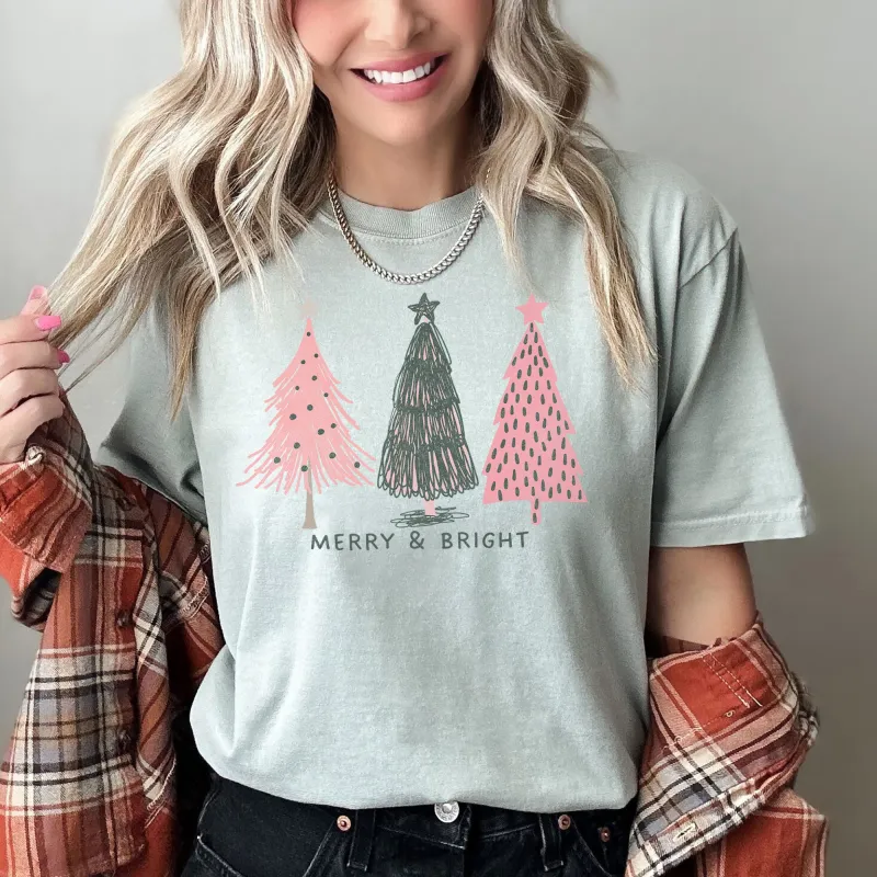 Pastel Christmas Trees, Merry and Bright, Pink and Green, Comfort Colors Tshirt sold by Refinery Number One