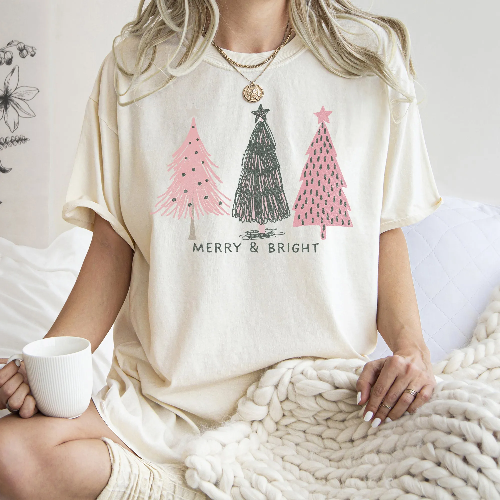 Pastel Christmas Trees, Merry and Bright, Pink and Green, Comfort Colors Tshirt sold by Refinery Number One product image thumbnail 2