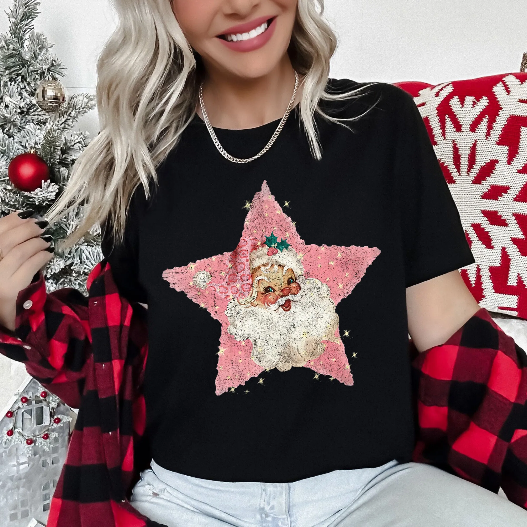 Pink Star Retro Santa, Christmas, Vintage Super Soft Tees sold by Refinery Number One product image thumbnail 2