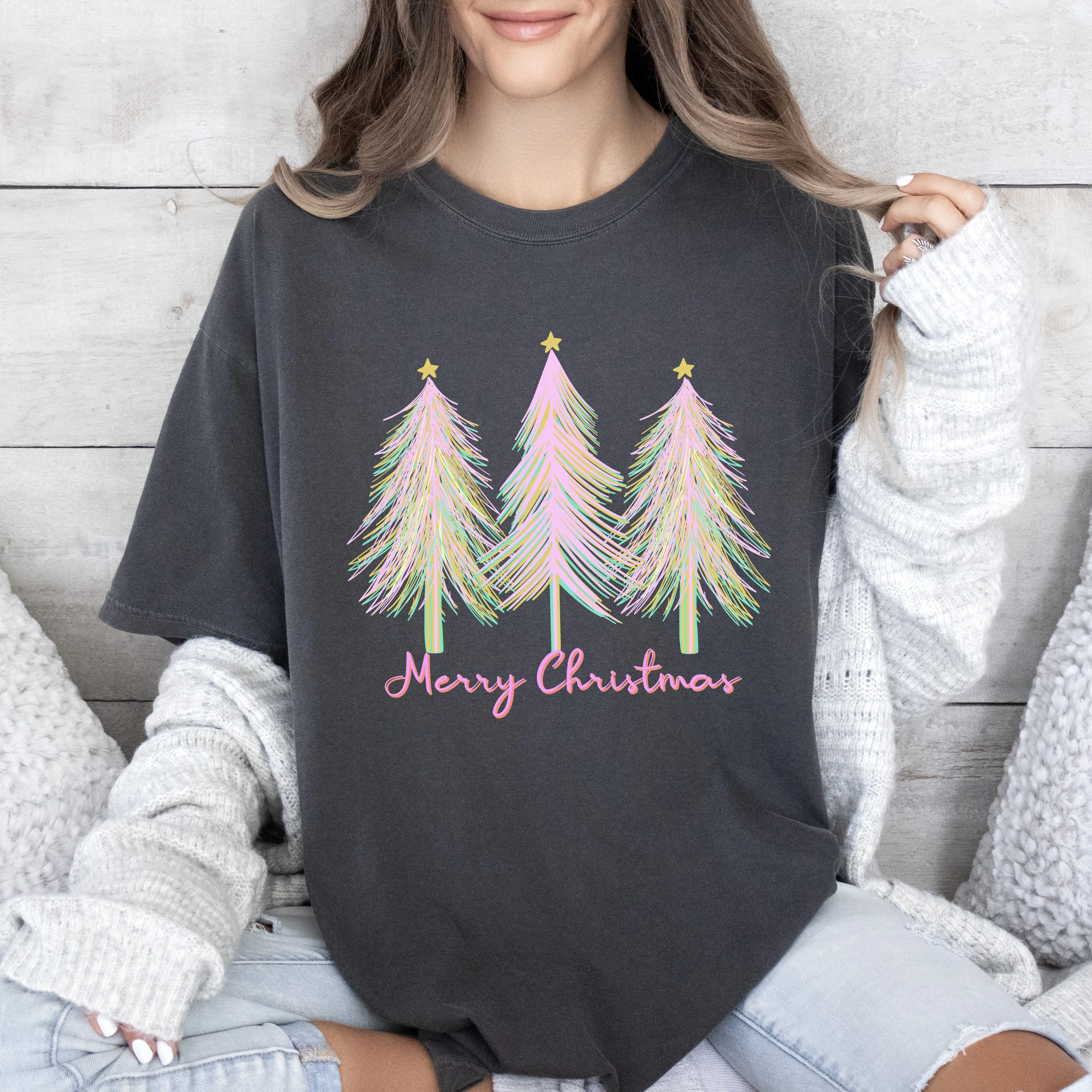 Merry and Bright Christmas Trees Comfort Colors Tshirt, Pink Watercolor Christmas Trees Shirt sold by Refinery Number One product image thumbnail 2