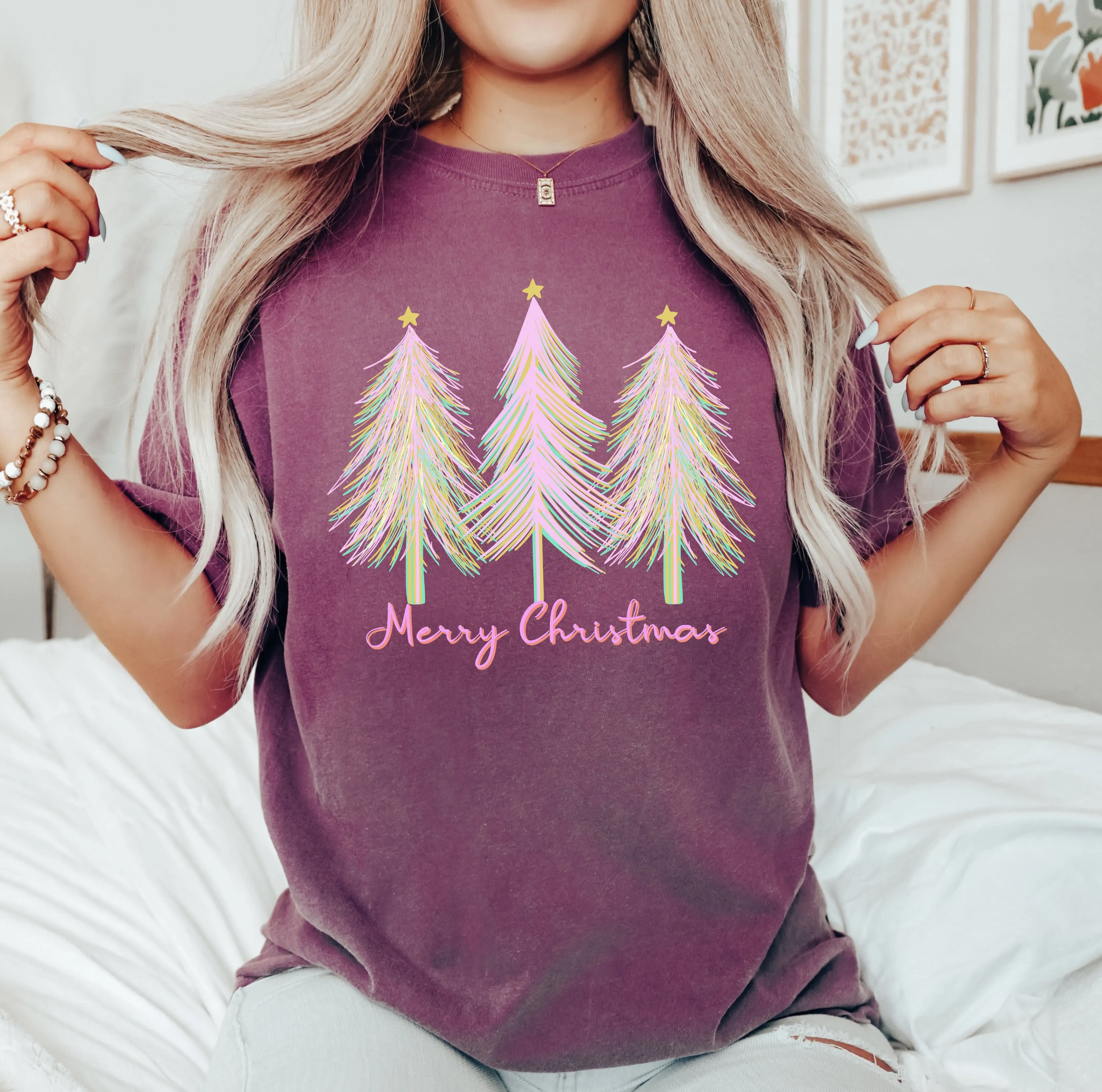 Merry and Bright Christmas Trees Comfort Colors Tshirt, Pink Watercolor Christmas Trees Shirt sold by Refinery Number One