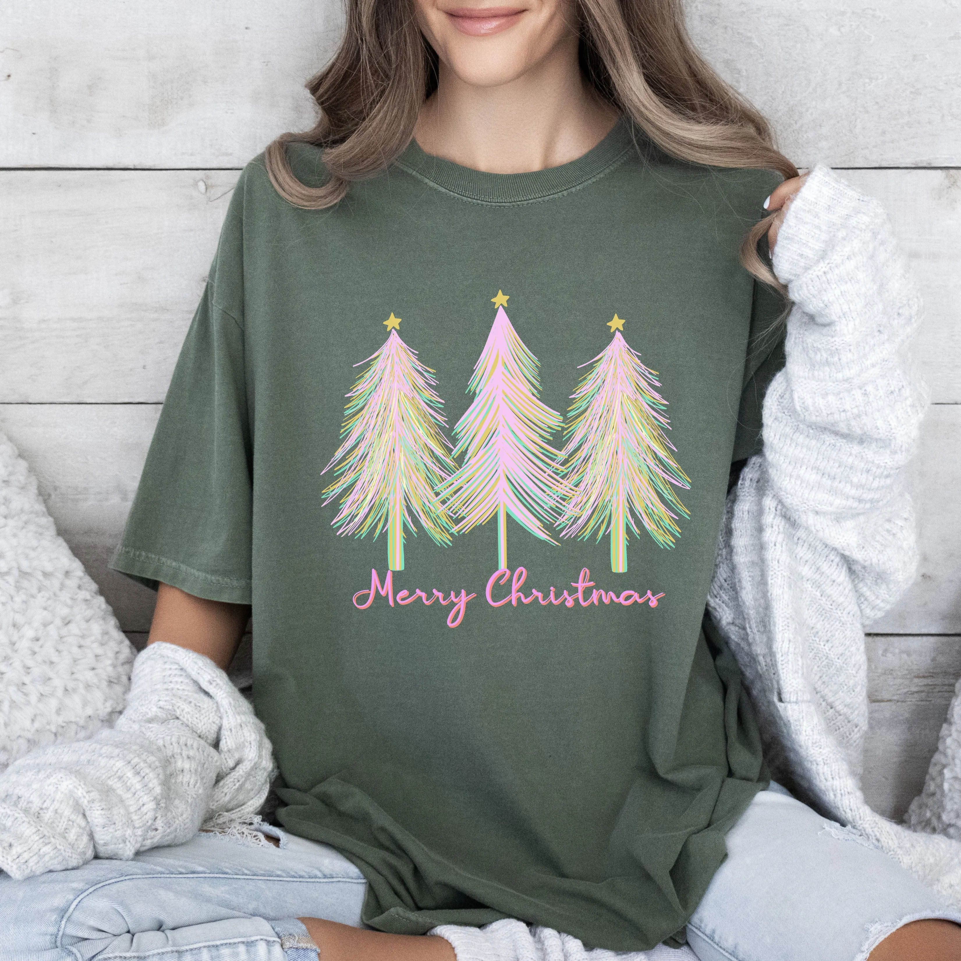 Merry and Bright Christmas Trees Comfort Colors Tshirt, Pink Watercolor Christmas Trees Shirt sold by Refinery Number One product image thumbnail 4