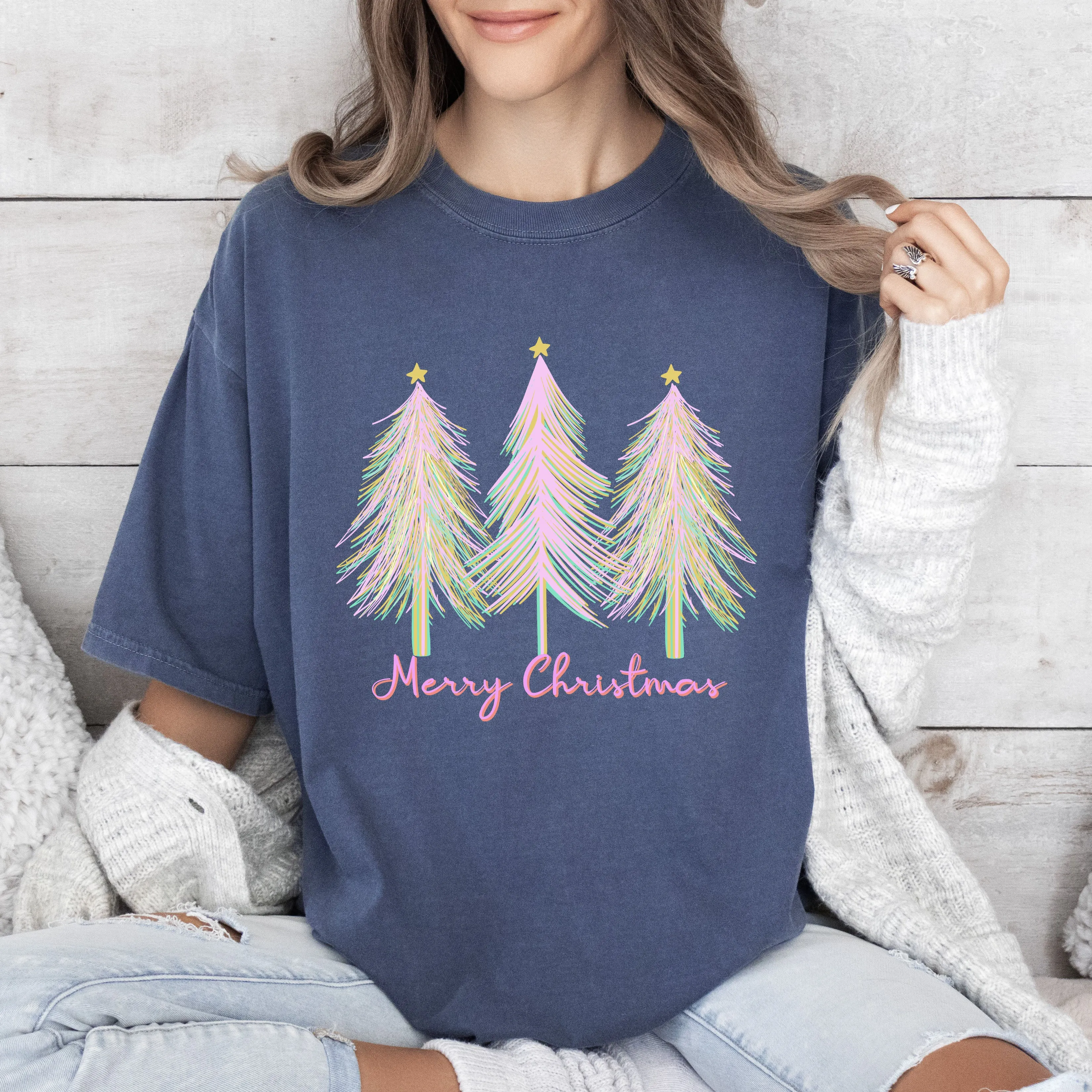 Merry and Bright Christmas Trees Comfort Colors Tshirt, Pink Watercolor Christmas Trees Shirt sold by Refinery Number One product image thumbnail 3
