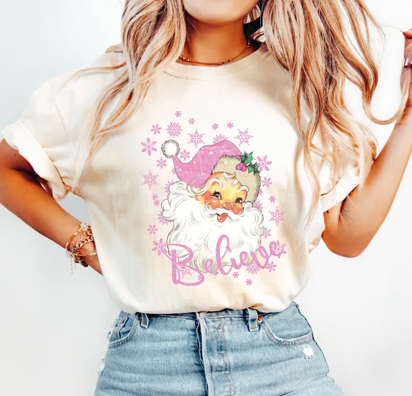 Believe Pink Santa Christmas Comfort Colors Tshirt, Vintage Christmas Shirt sold by Refinery Number One