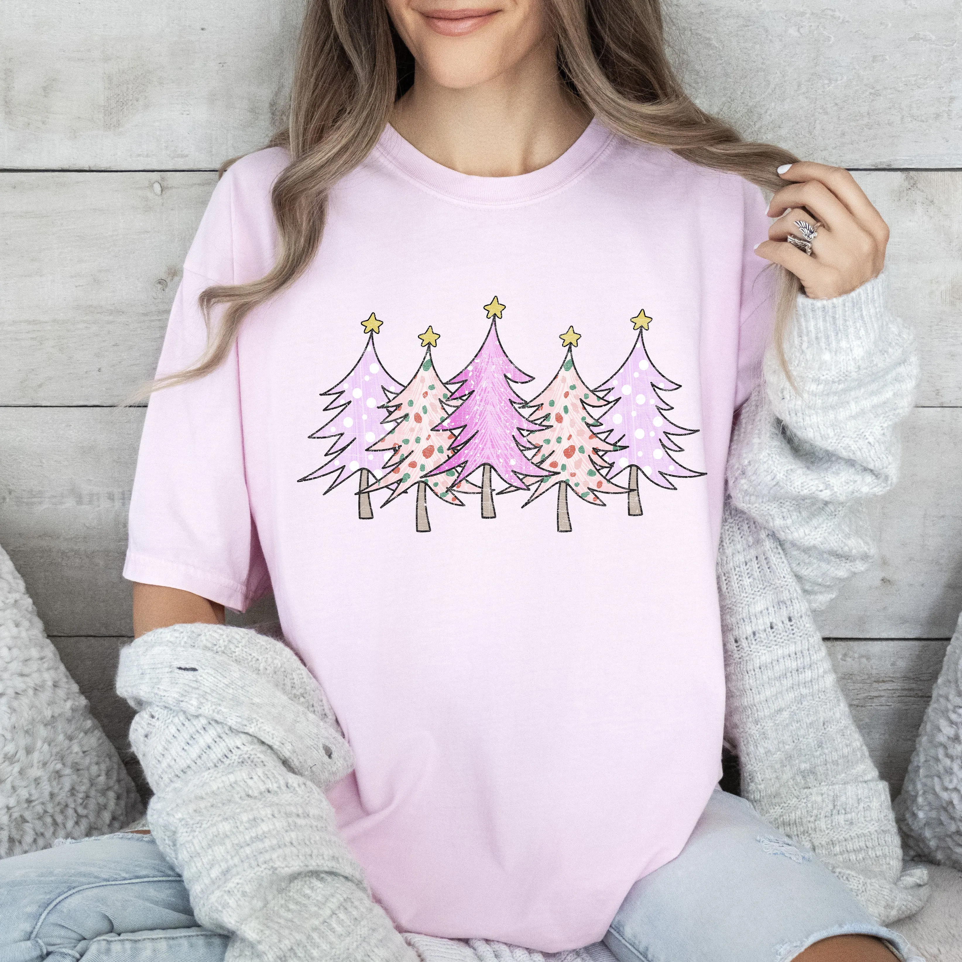 Retro Pink Trees Christmas Comfort Colors Tshirt, Vintage Christmas Trees Shirt sold by Refinery Number One product image thumbnail 3