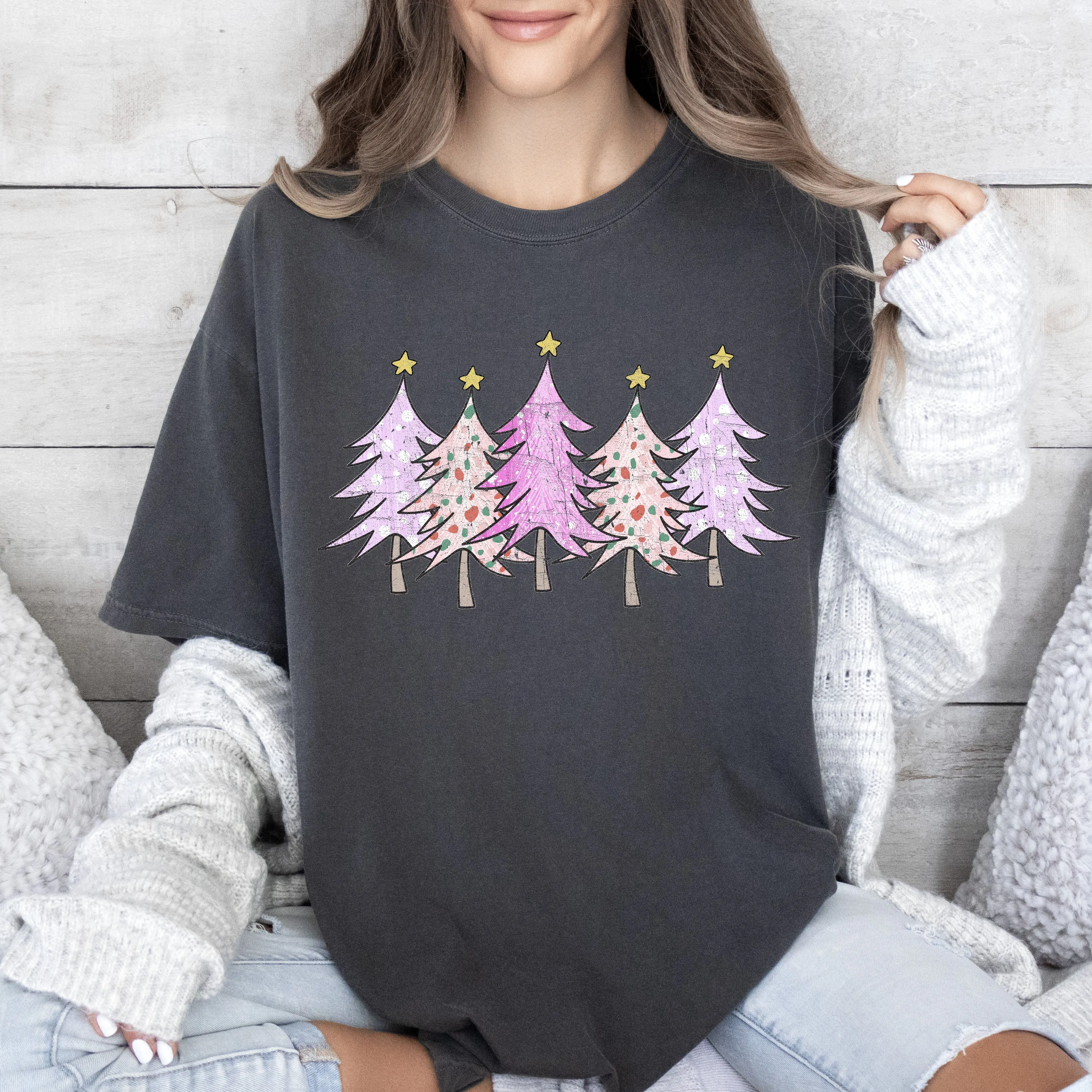 Retro Pink Trees Christmas Comfort Colors Tshirt, Vintage Christmas Trees Shirt sold by Refinery Number One product image thumbnail 2