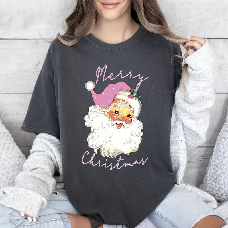 Merry Christmas Pink Santa Comfort Colors Tshirt, Vintage Christmas Santa Shirt sold by Refinery Number One