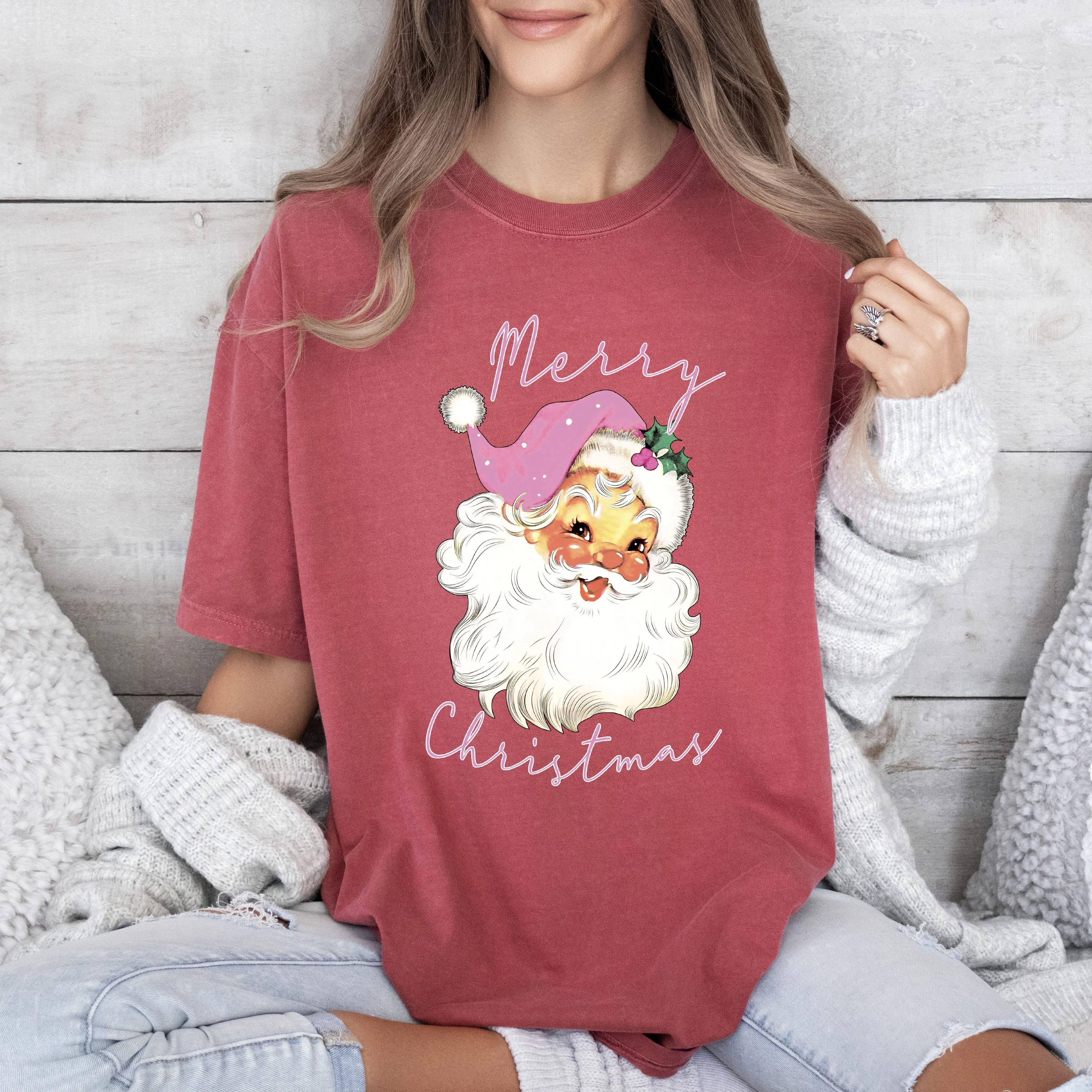 Merry Christmas Pink Santa Comfort Colors Tshirt, Vintage Christmas Santa Shirt sold by Refinery Number One product image thumbnail 2