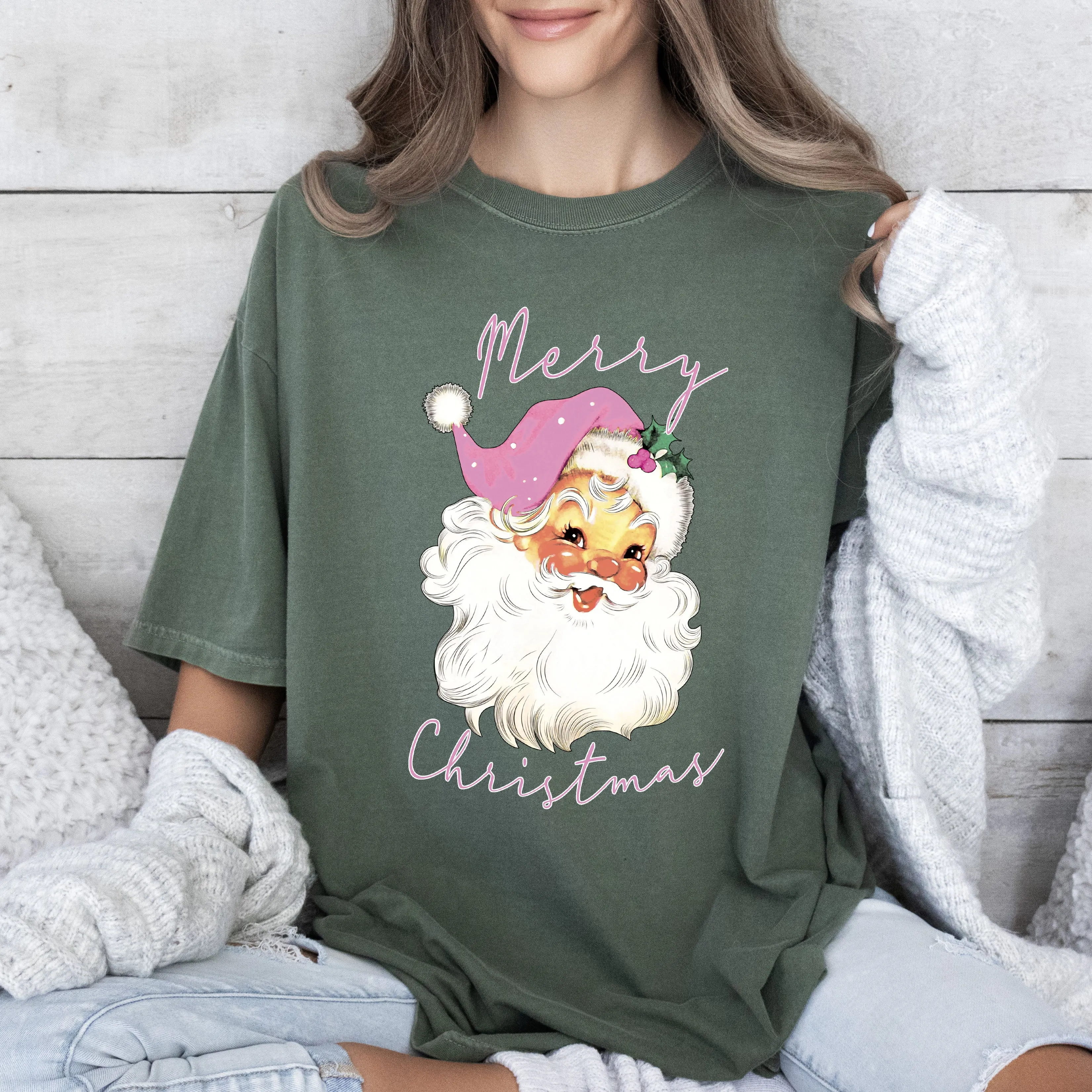 Merry Christmas Pink Santa Comfort Colors Tshirt, Vintage Christmas Santa Shirt sold by Refinery Number One product image thumbnail 4