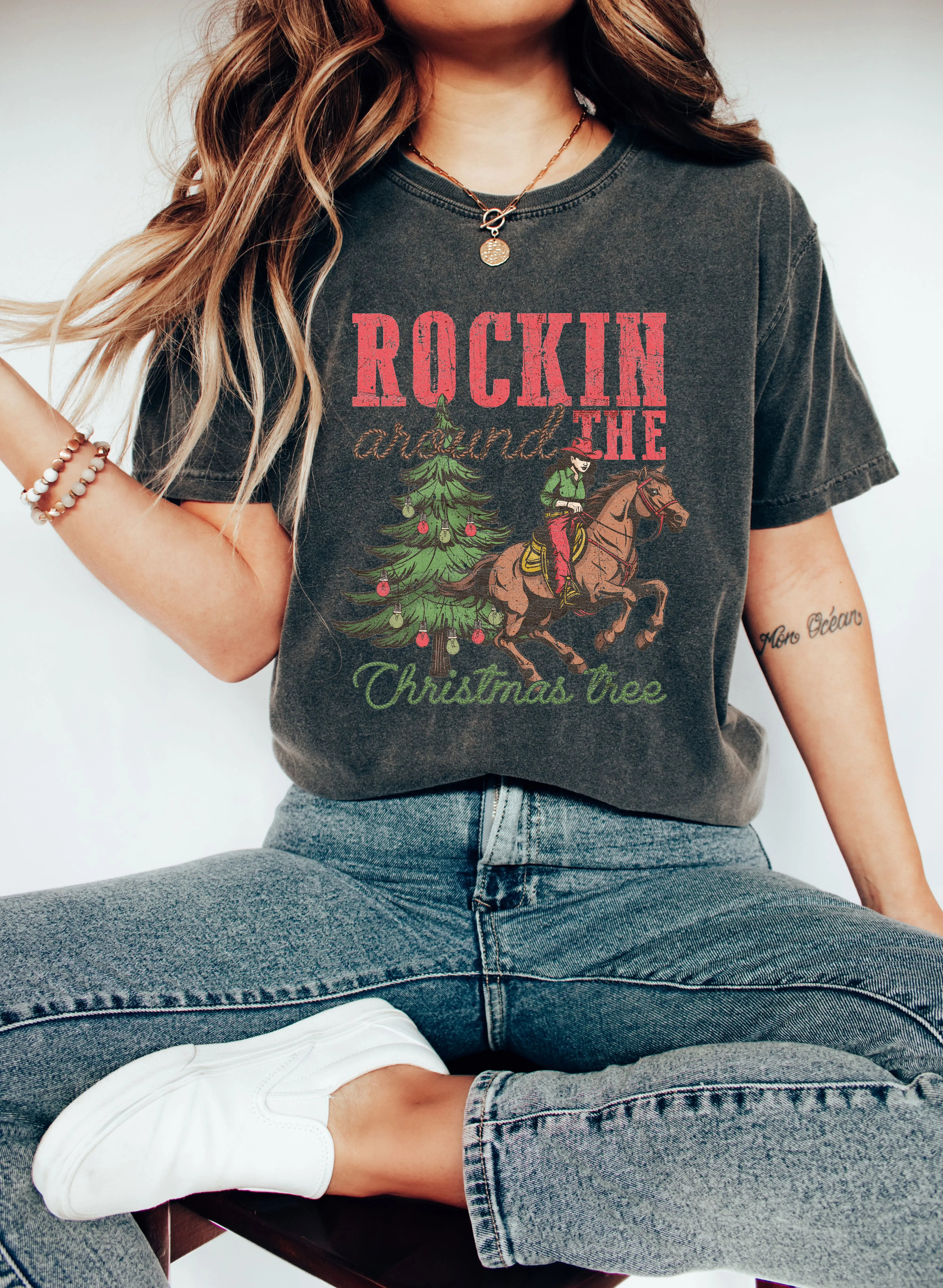 Rockin' Around The Christmas Tree Comfort Colors Tshirt, Vintage Western Shirt sold by Refinery Number One product image thumbnail 3