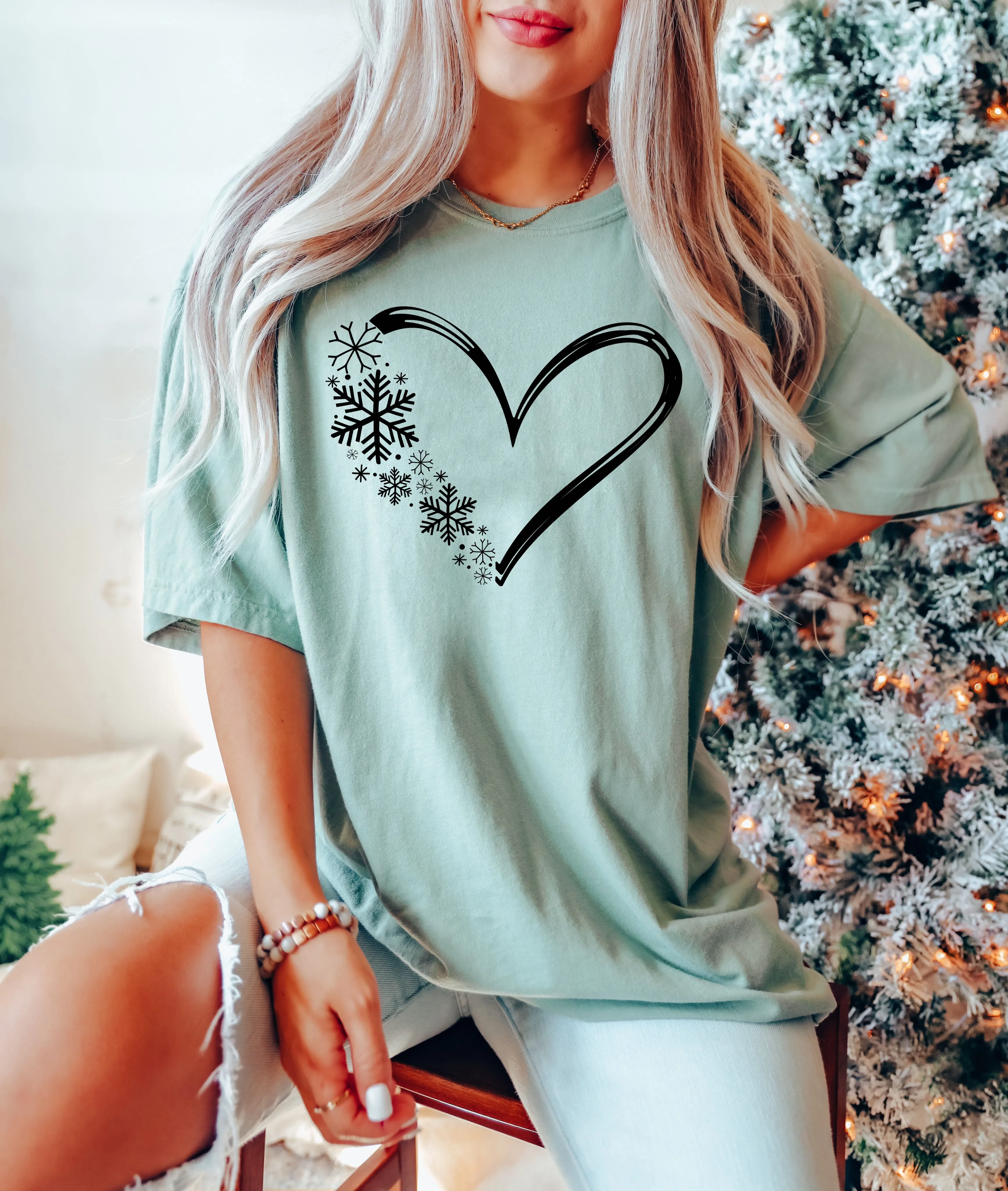 Heart & Snowflakes Comfort Colors Tshirt, Retro Christmas Tee sold by Refinery Number One product image thumbnail 3