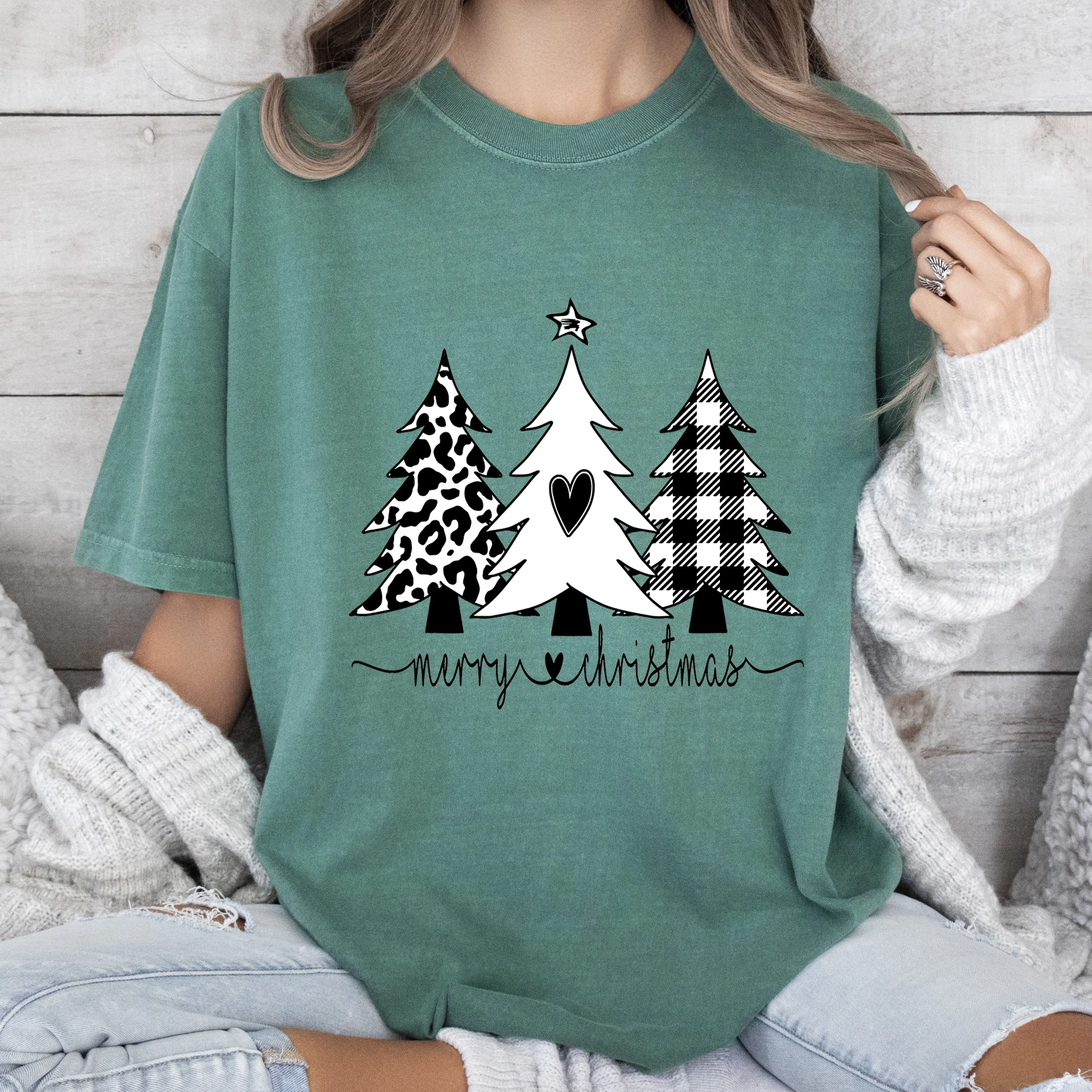 Merry Christmas Chic Trees Comfort Colors Tshirt, Vintage Christmas Tee sold by Refinery Number One product image thumbnail 3