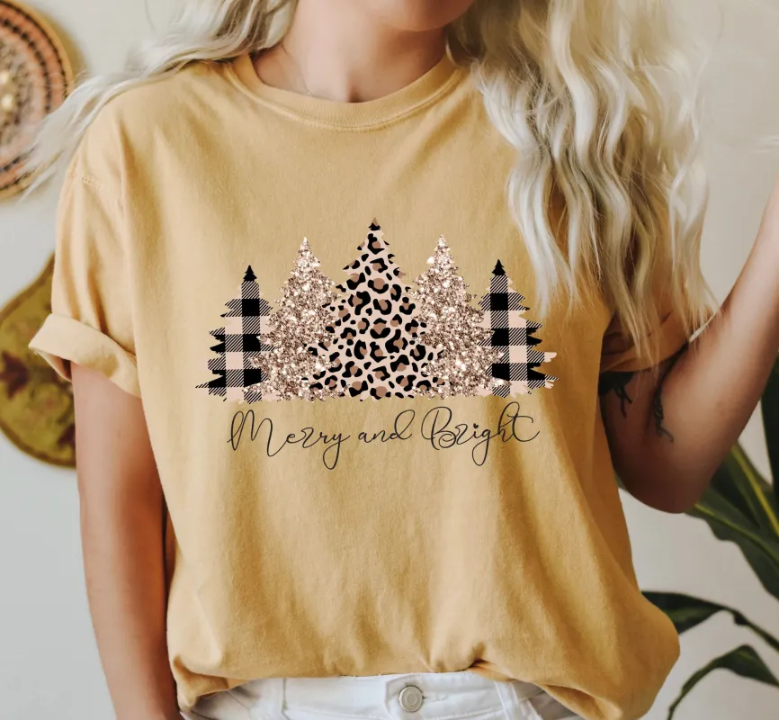 Merry and Bright Leopard Trees Comfort Colors Tshirt, Vintage Christmas Tee sold by Refinery Number One