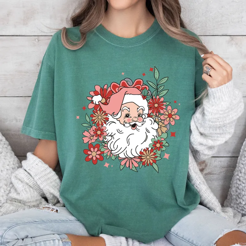 Floral Santa Retro Comfort Colors Tee, Vintage Classic Christmas Tshirt sold by Refinery Number One