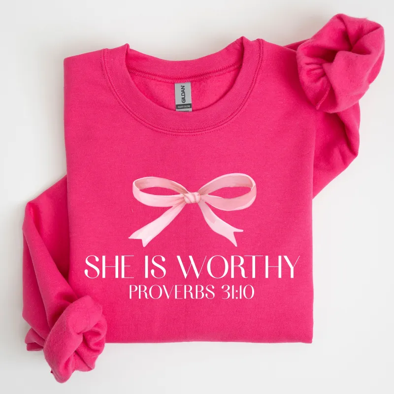 She Is Worthy, Bible Verse, Christmas, Bow, Pink, Proverbs, Soft Girl Era Sweatshirt sold by Refinery Number One