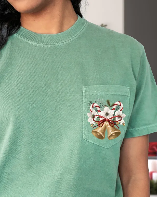 Christmas Flowers, Pocket, Bells, Floral, White Flowers, Winter, Snow, Botanical, Xmas Pocket Tee Comfort Colors T-Shirt sold by Refinery Number One