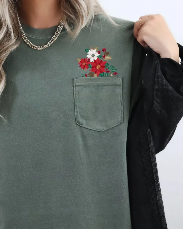 Christmas Flowers, Pocket, Floral, Holly, Poinsettia, Winter, Snow, Botanical, Xmas Pocket Tee Comfort Colors T-Shirt sold by Refinery Number One