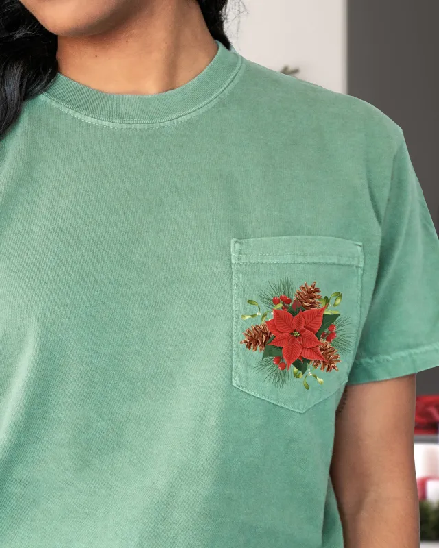 Christmas Flowers, Pocket, Floral, Mistle Toe, Poinsettia, Winter, Snow, Botanical, Xmas Pocket Tee Comfort Colors T-Shirt sold by Refinery Number One