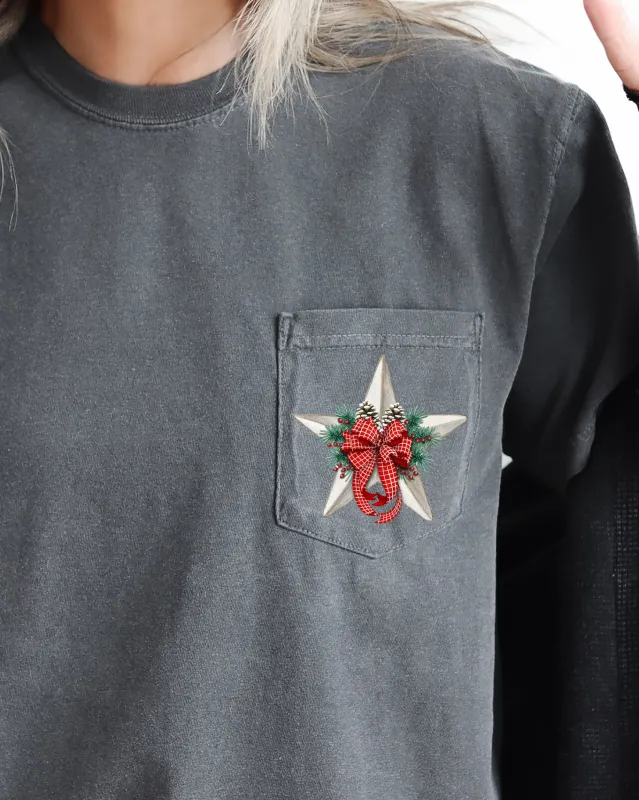 Christmas Flowers, Pocket, Star, Pine Cones, Ribbon, Floral, Poinsettia, Winter, Snow, Botanical, Xmas Pocket Tee Comfort Colors T-Shirt sold by Refinery Number One